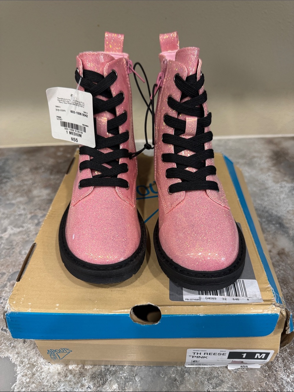 MIA Pink Glitter Lace-Up Kids Boots with Black Soles